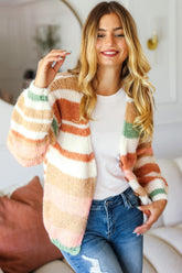 Button Down Striped Sweater Cardigan Haptics Taupe/Sage/Rust S